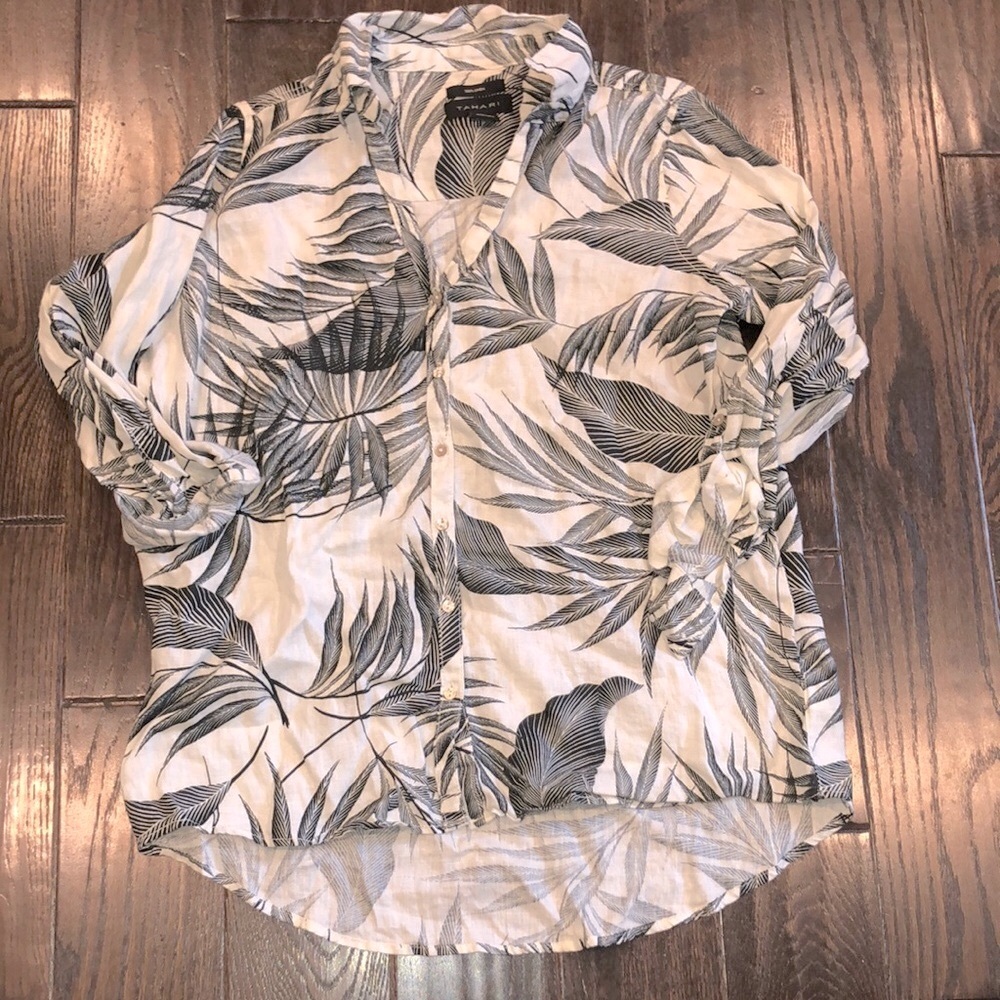 Tahari palm print linen button down top size large